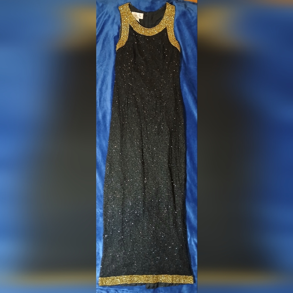 Laurence Kazar Black and Gold Sparkle Maxi Dress
